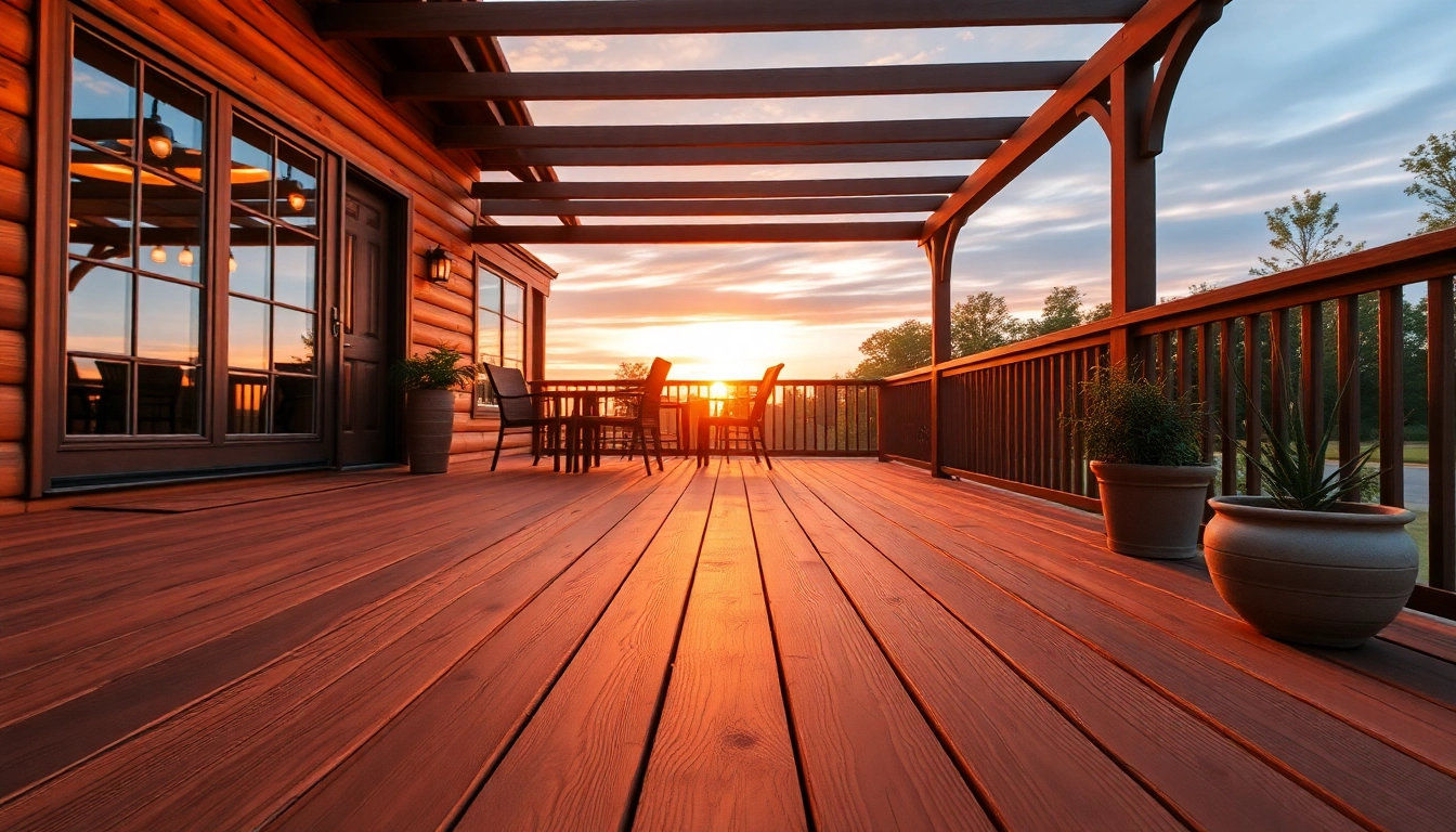 Learn deck construction through this vibrant image showcasing a finished deck with sunset lighting and comfortable seating.