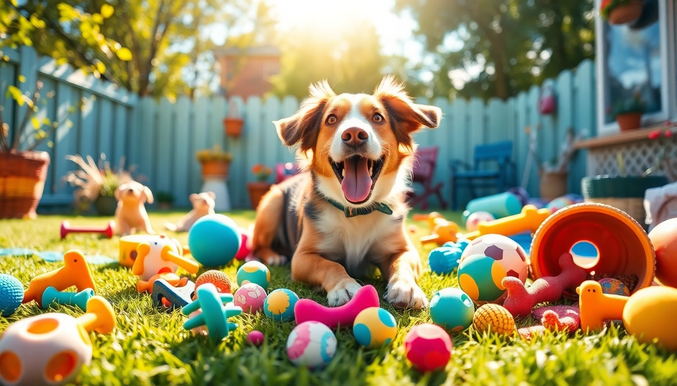 Engaged dog playing with colorful pet toys in a sunny backyard, showcasing joy and vibrancy.