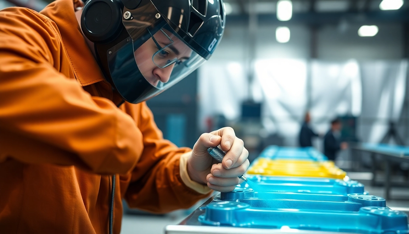 Technician applying redditch powder coating to metal parts for a durable finish.