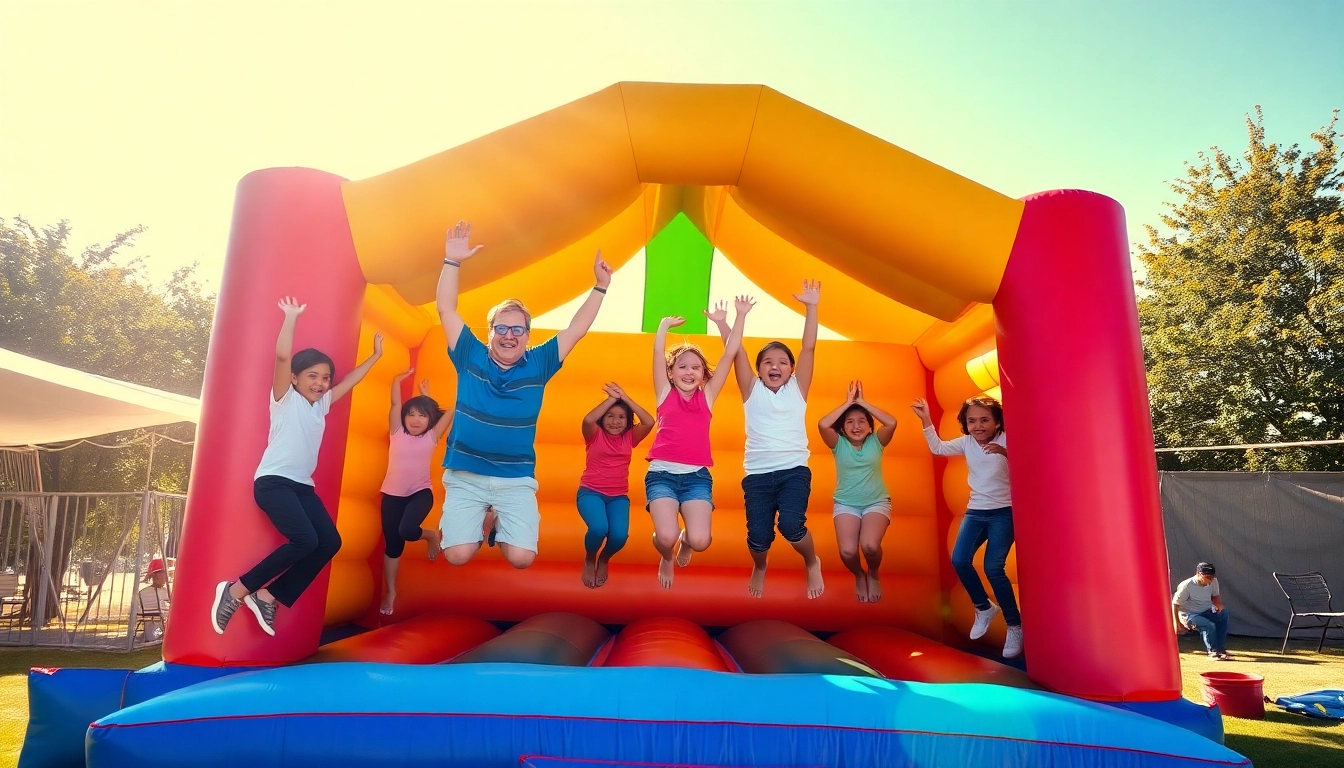 Adults enjoying a fun day in an Adult Bounce House with vibrant colors and laughter.