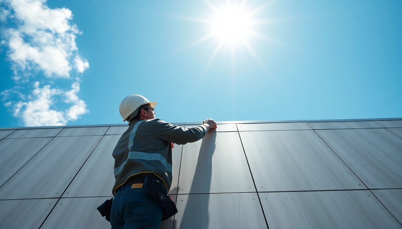 Worker demonstrating facade installation on a modern building with sleek textures and bright sunlight.