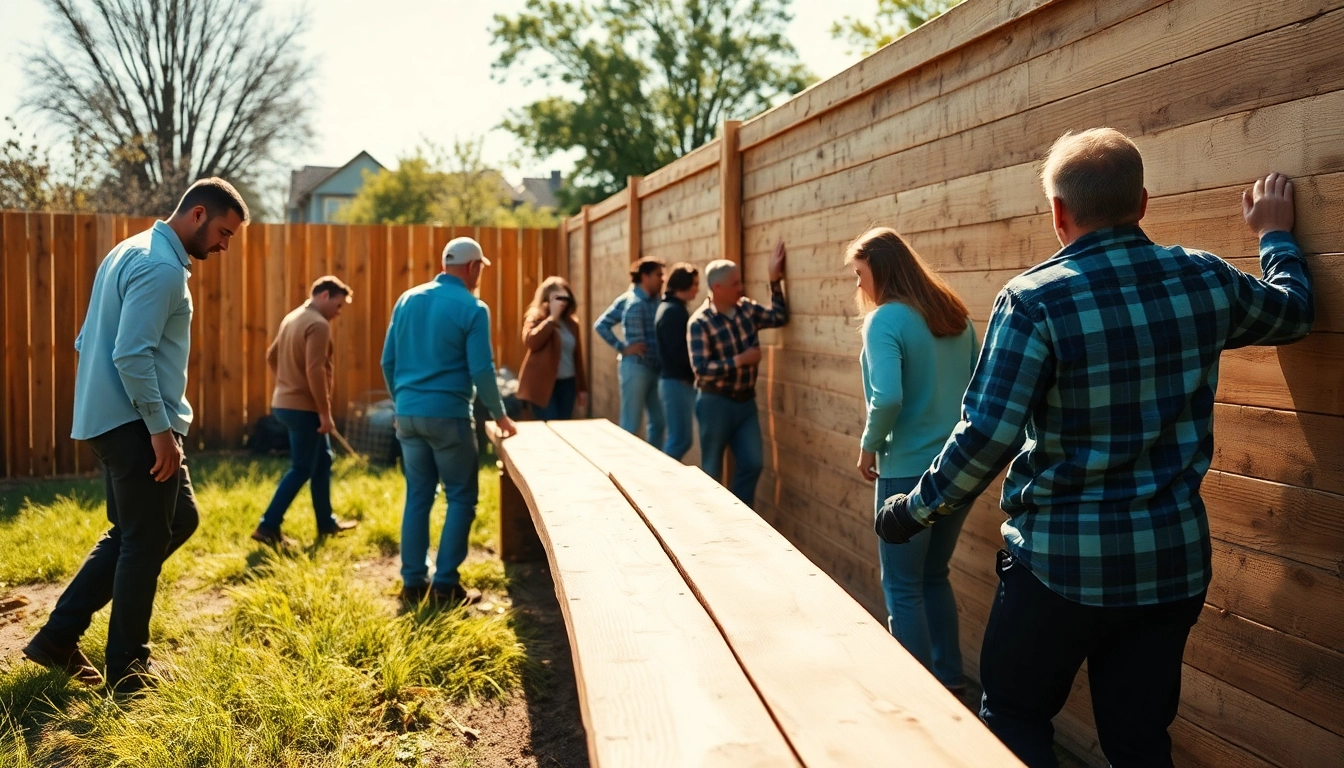 Professional team installing fencing companies Manchester with wooden panels in a garden setting.