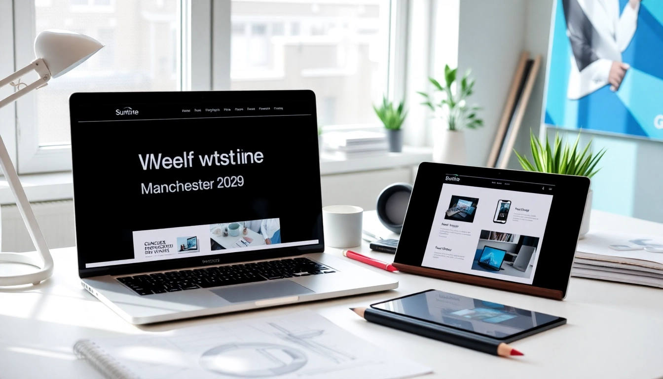 Showcase of website design Manchester with creative workspace elements focused on design tools.