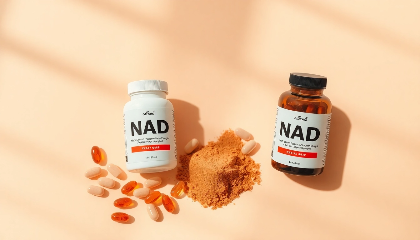 Showcase NAD Supplement capsules and powder with an inviting design for health enthusiasts.