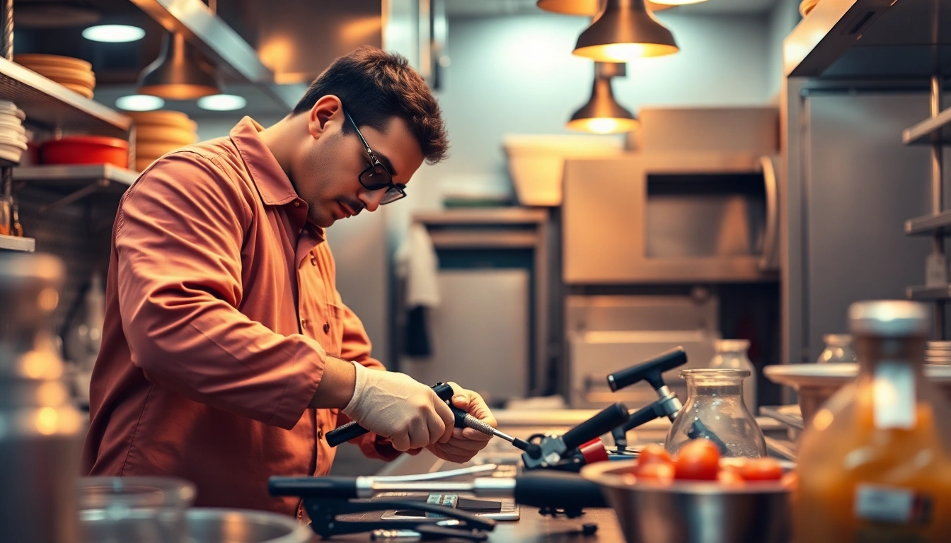 Technician performing chef base repair in a commercial kitchen using tools and equipment.