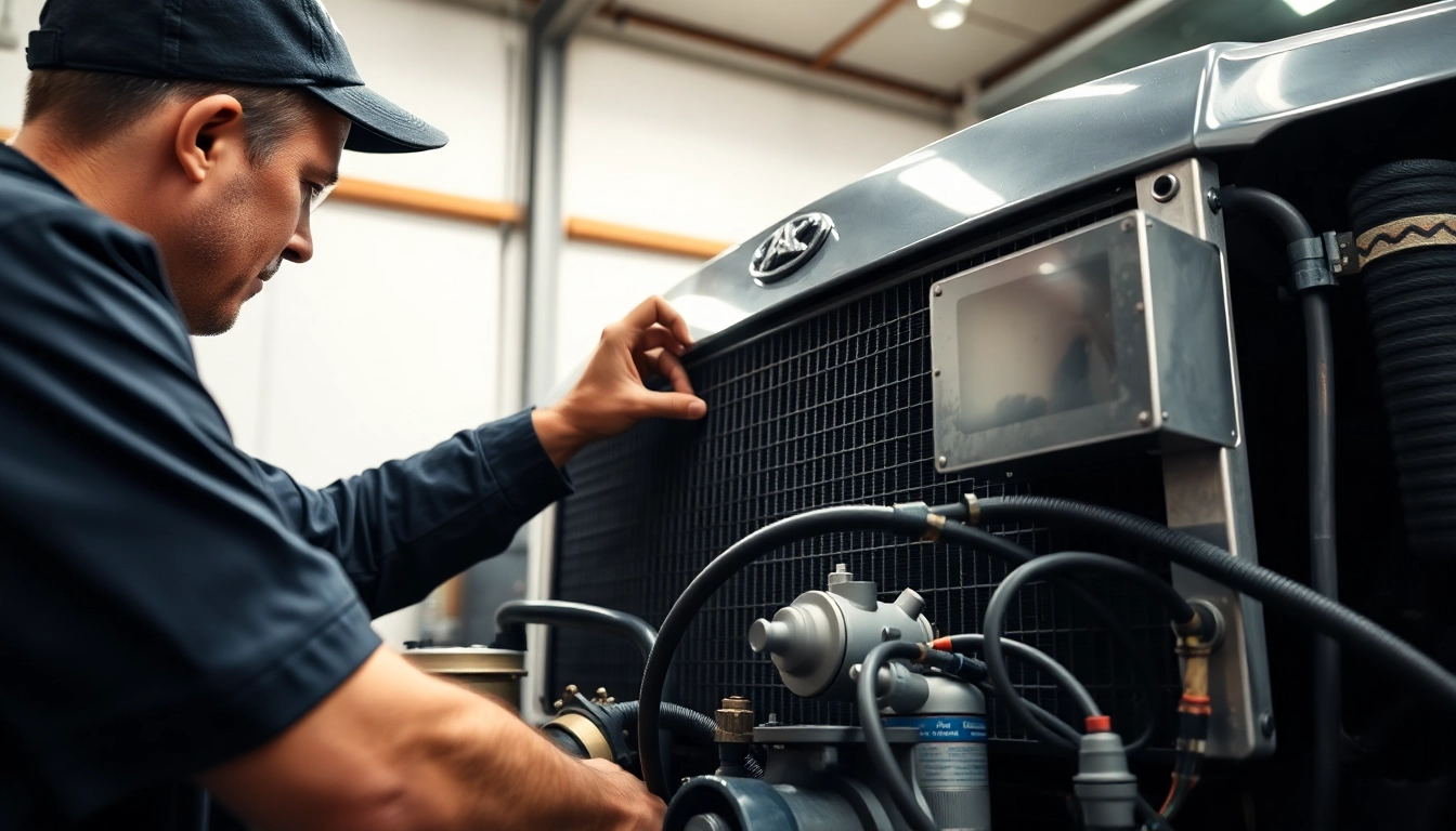 Repairing radiator and air conditioning for trucks, focusing on professional tools and skilled hands at work.