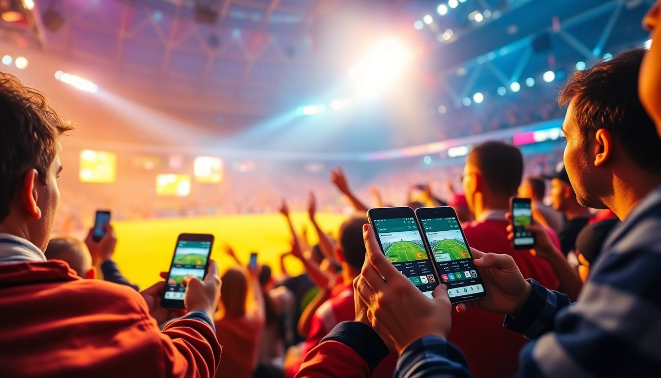 Engage with ราคาบอล updates during a thrilling game, showcasing fans cheering and using their smartphones.