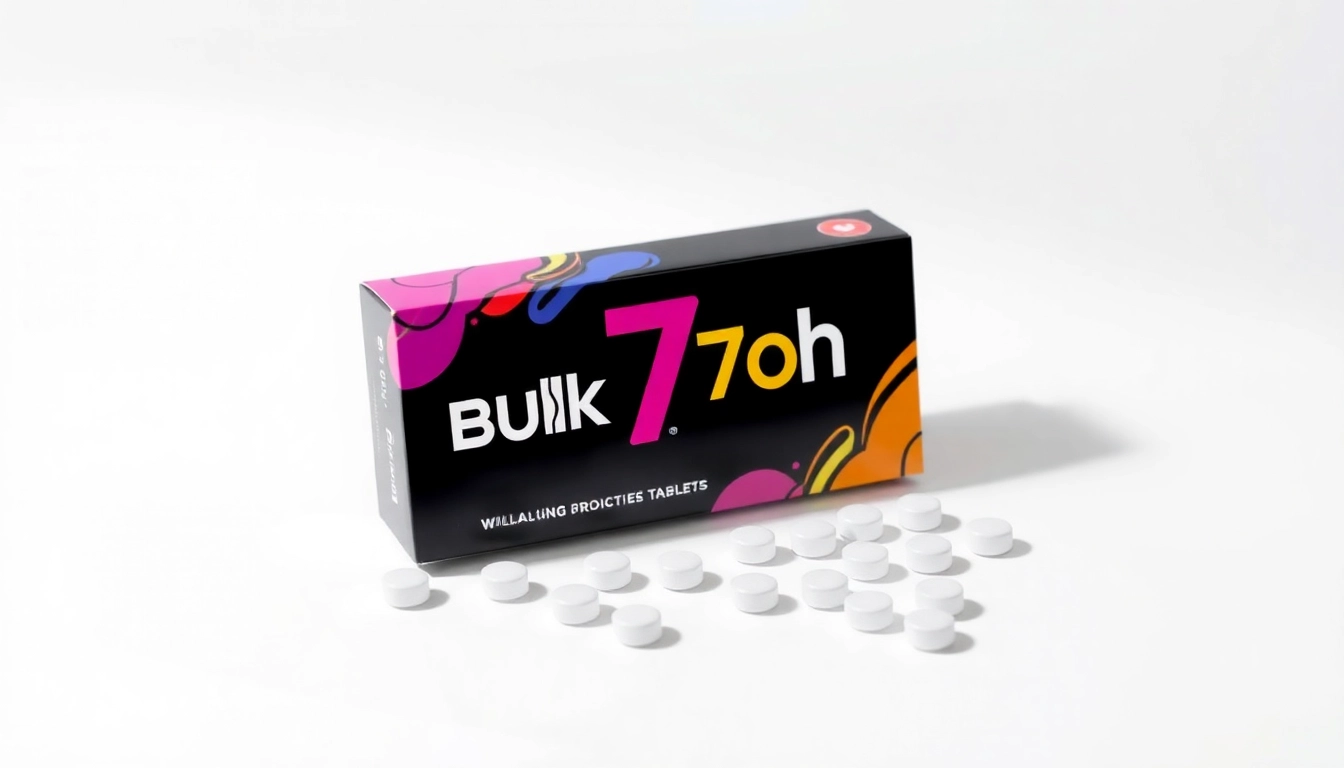 Promote Bulk 7oh tablets in attractive packaging with vibrant colors on a clean background.