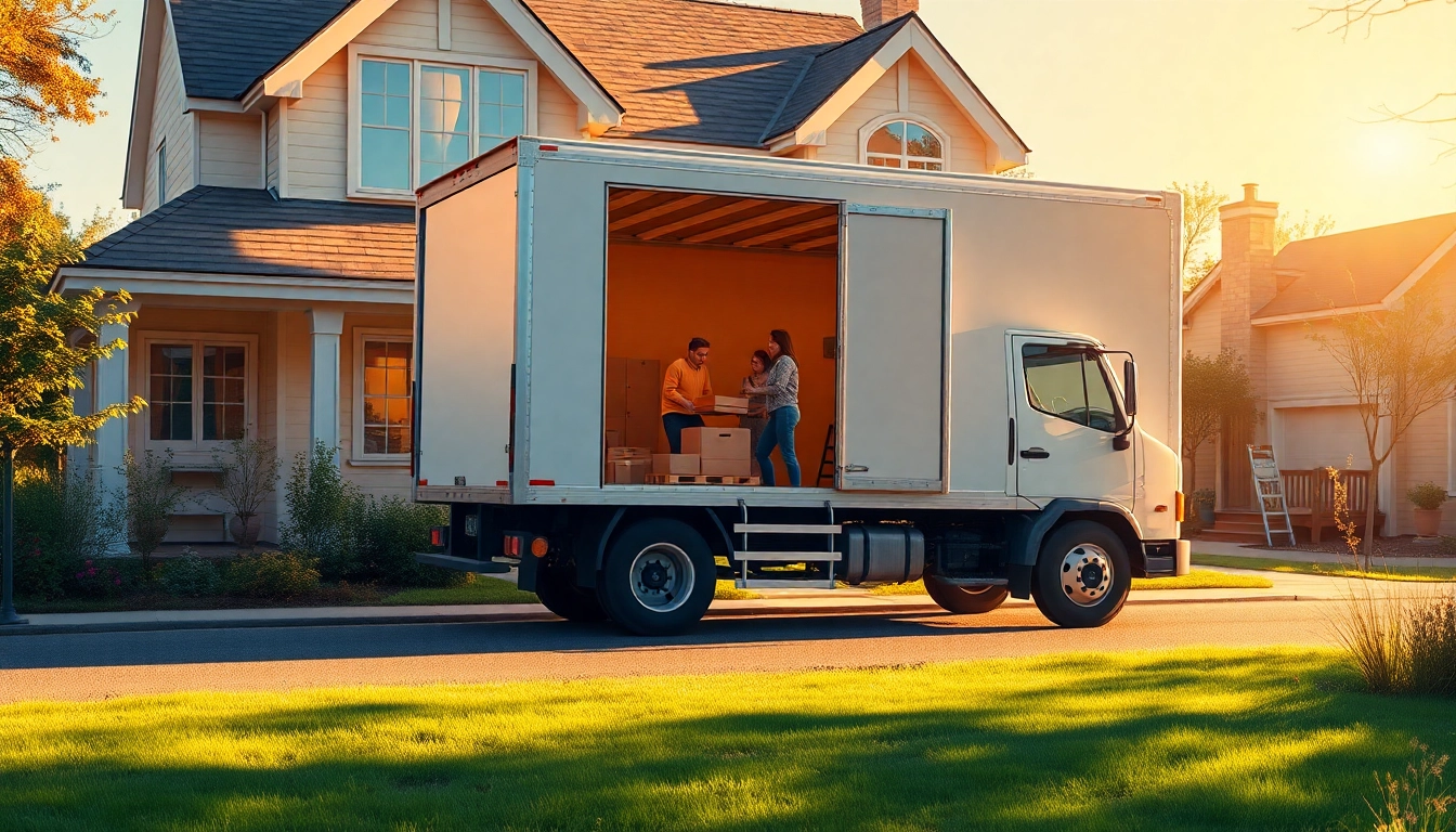 Engage in home removals Keighley by loading boxes into a truck in front of a welcoming home.