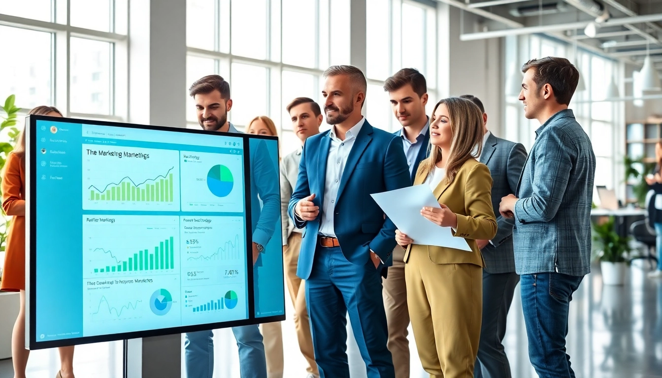 Marketers collaborating on trade marketing strategies in a bright office