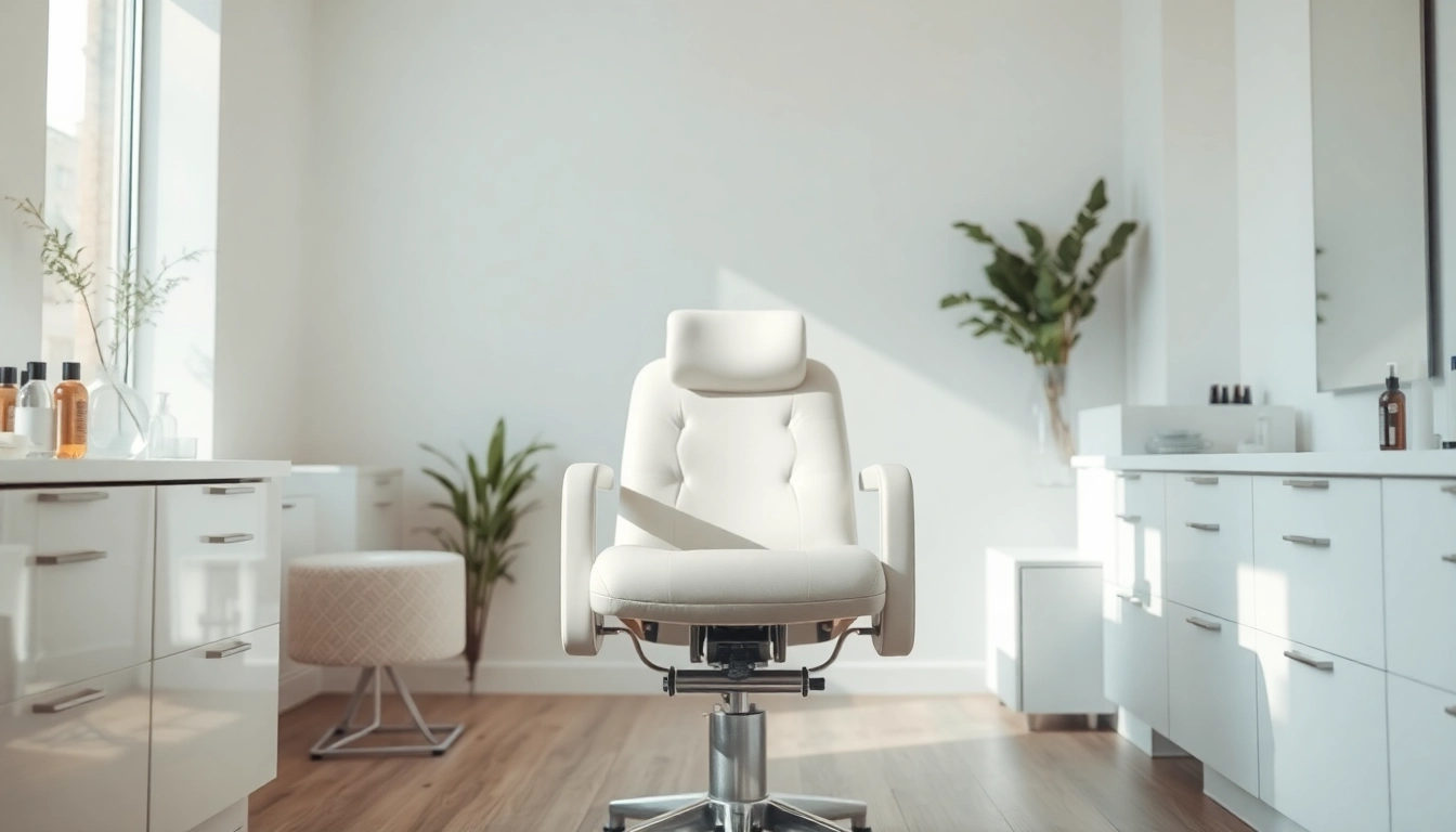 Kosmetikstuhl in einem minimalistischen Friseursalon mit natürlicher Beleuchtung und eleganter Gestaltung.