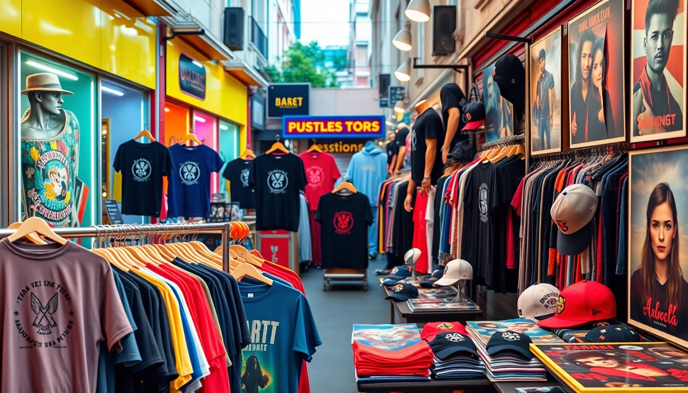 Engaging merchandise display featuring various artist apparel that showcases vibrant styles and attracts music fans.