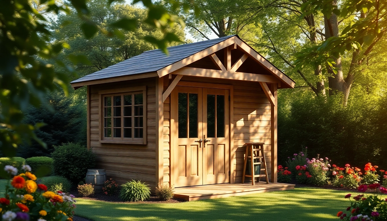 Explore custom storage sheds showcasing unique designs and craftsmanship in a beautiful garden setting.