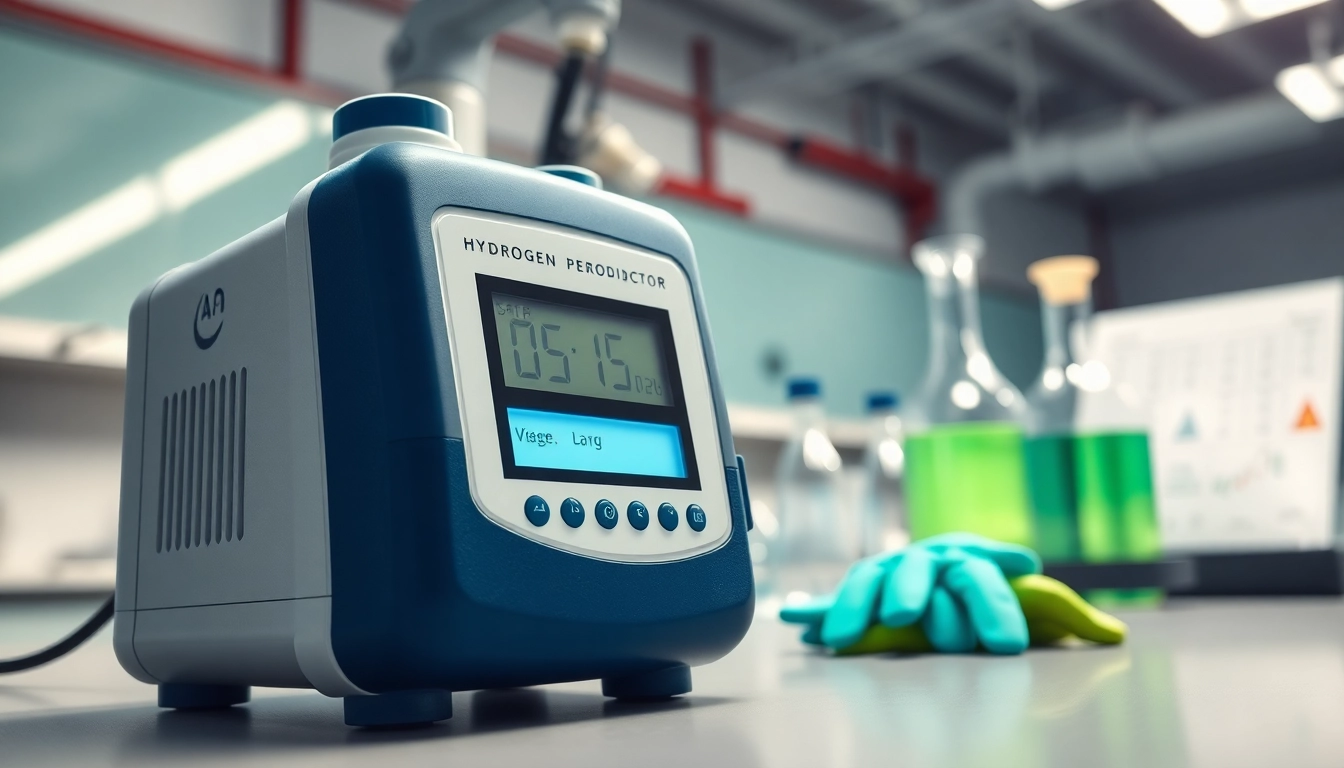 Inspecting a Hydrogen Peroxide gas detector in a laboratory setting with digital readouts.