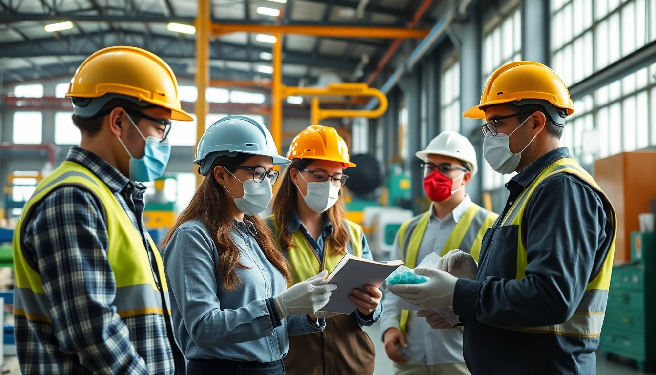 Evaluate air quality in industrial hygiene services with a professional team assessing environmental conditions.