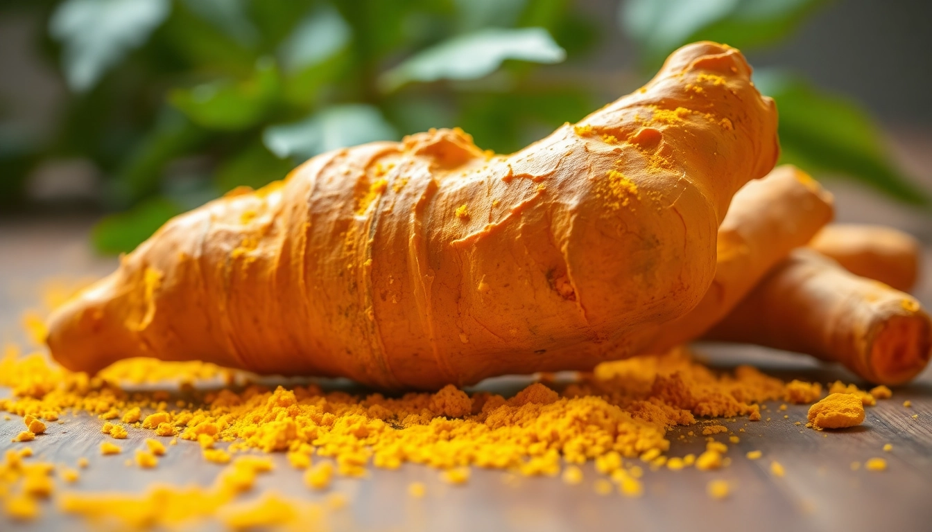 Harvested turmeric root displayed with vibrant yellow powder emphasizes its fresh quality.