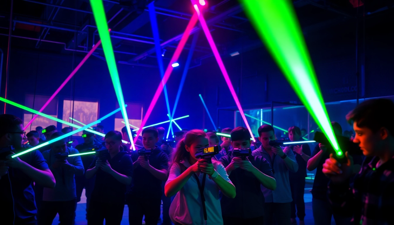 Participants engaging in an energetic game of laser tag in a vibrant arena.