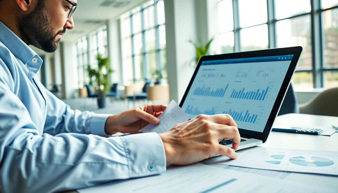 Accountant performing an impairment test, reviewing financial data and documents in a bright office.