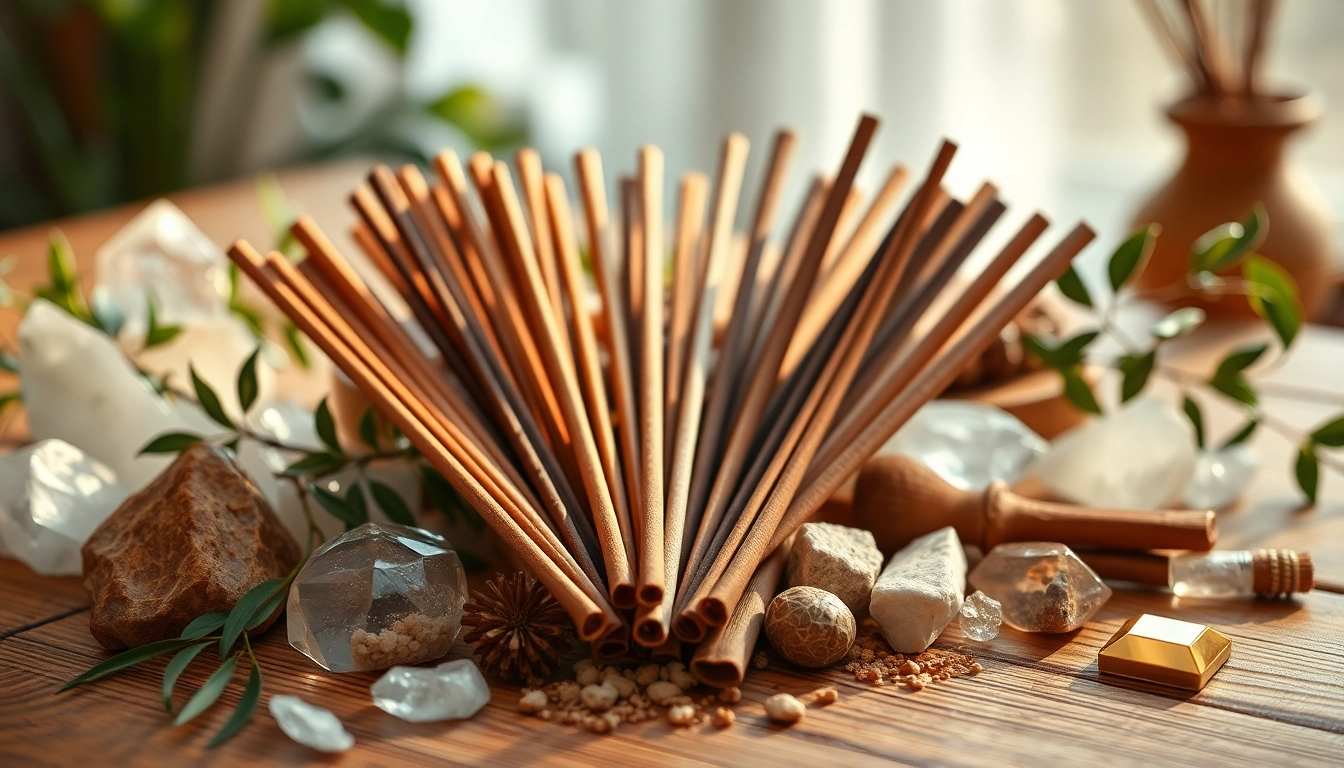 Incenses for cleansing displayed with crystals and plants, creating a serene environment.