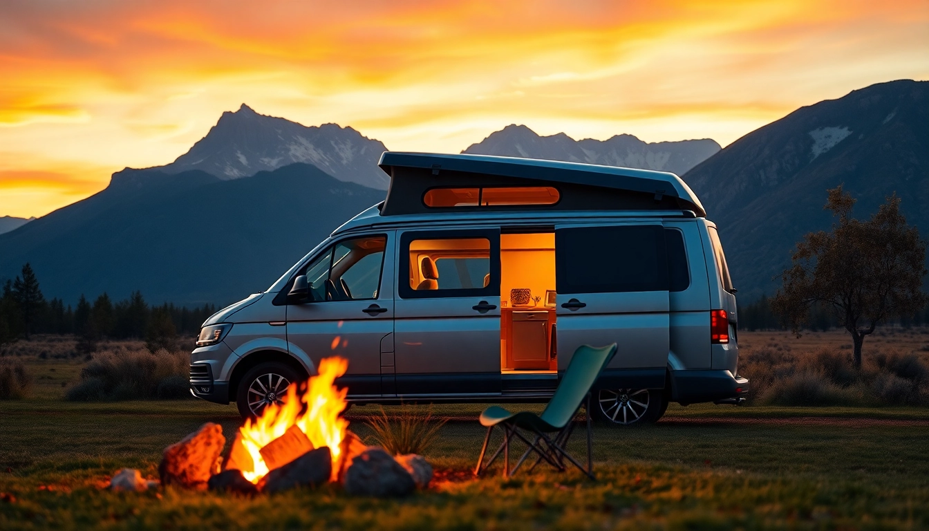 Showcasing a perfect campervan in a serene landscape at sunset, ideal for adventures.