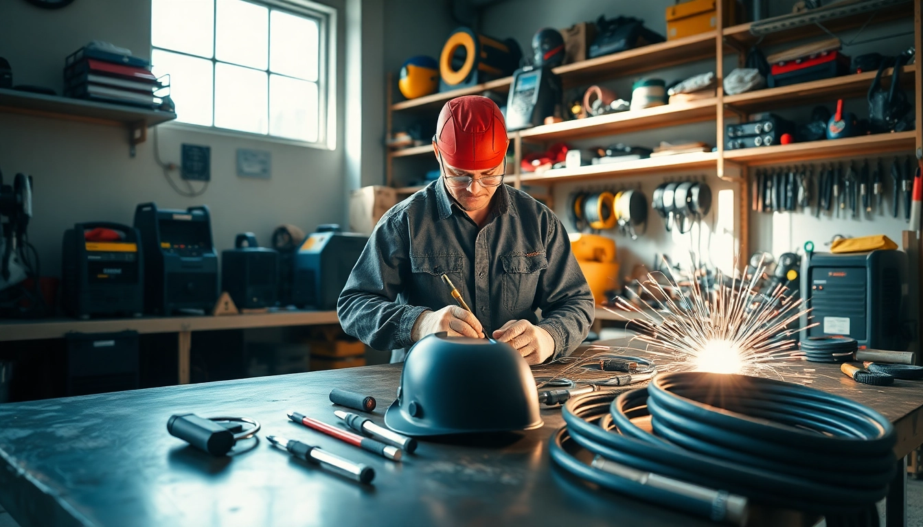 Browse quality welding supplies near me in a professional workshop setting, with tools and gear on display.