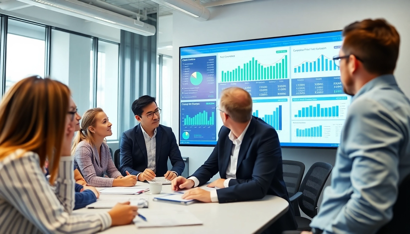 Analyze competitor pricing research with a diverse team in a modern office.