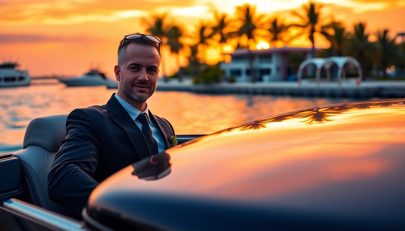 Book a premium limo service in Destin, Florida, with a stunning sunset and elegant surroundings.
