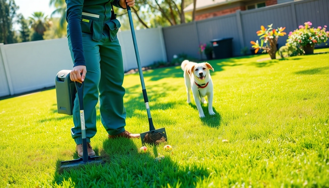 Dog poop cleaning service technician joyfully scooping in a lush yard.