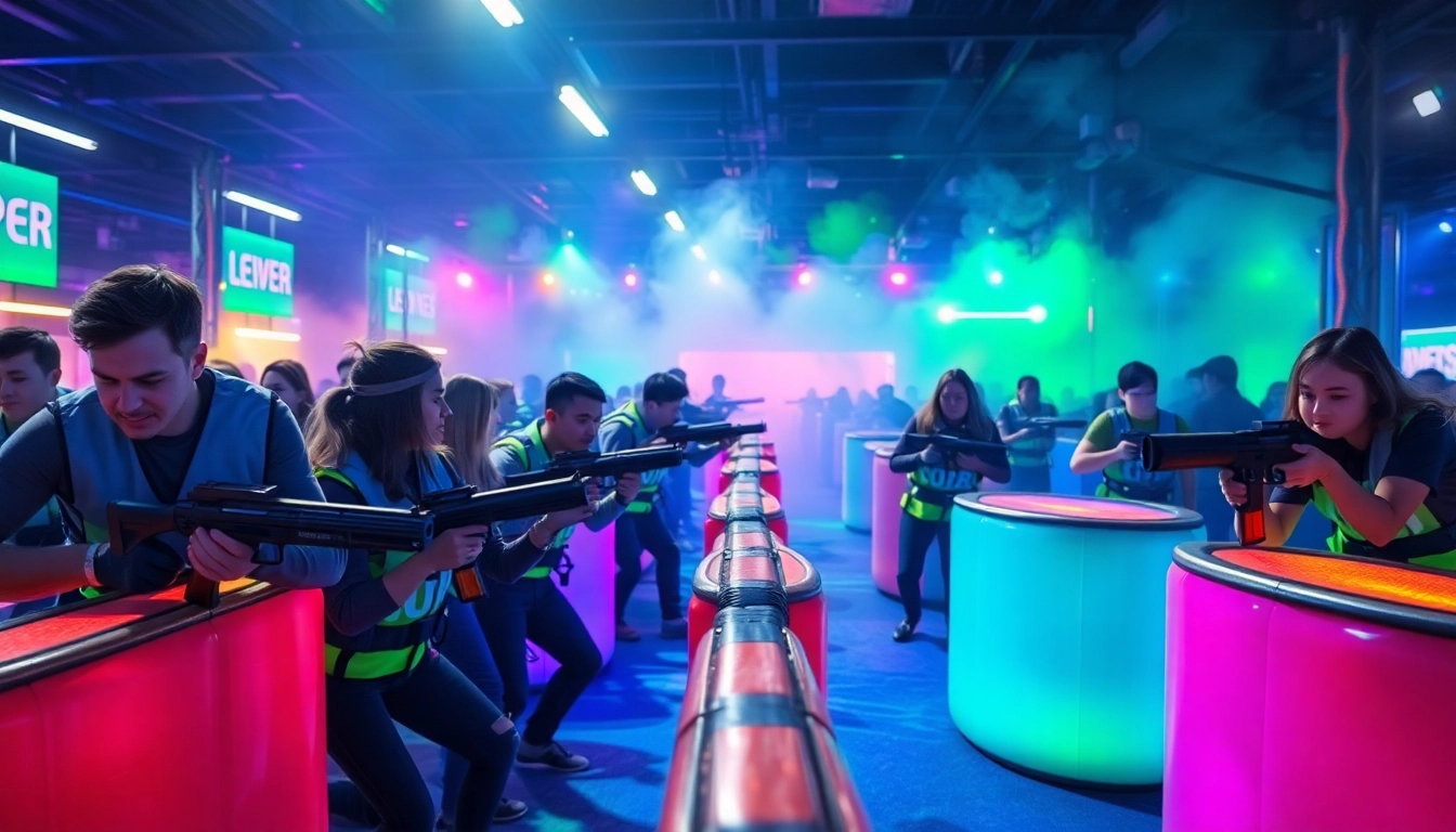 Exciting laser tag action in a colorful arena with players in vests.