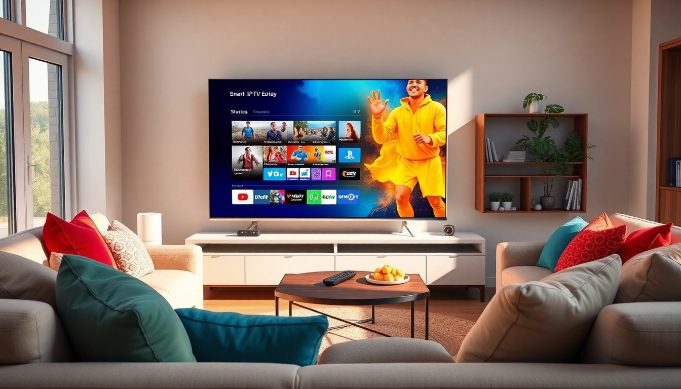 Enjoy IPTV Subscription USA in a modern living room featuring a smart TV, cozy ambiance, and vibrant streaming content.