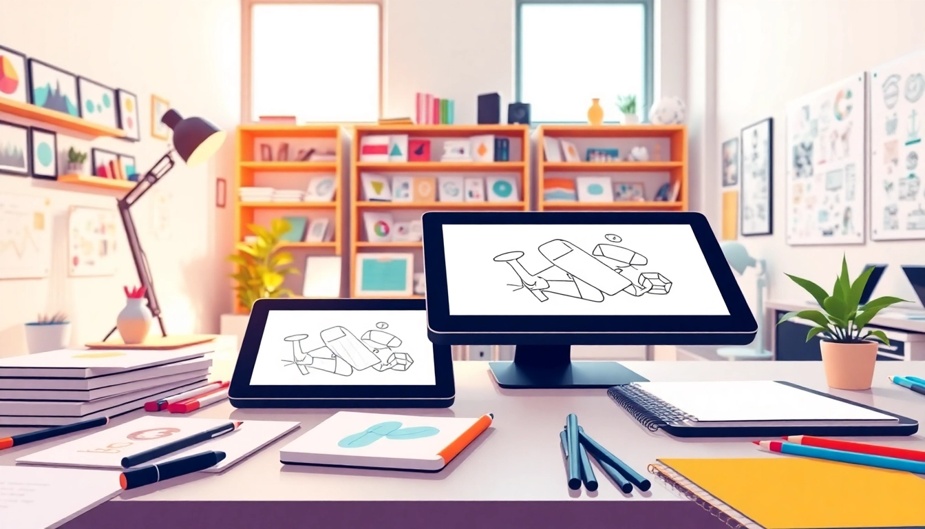Creating diverse icons in a vibrant design studio environment.