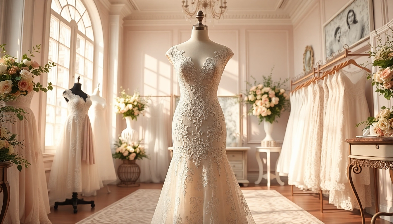 Shop for exquisite lace wedding dresses showcasing elegance and intricate details in a beautiful boutique.
