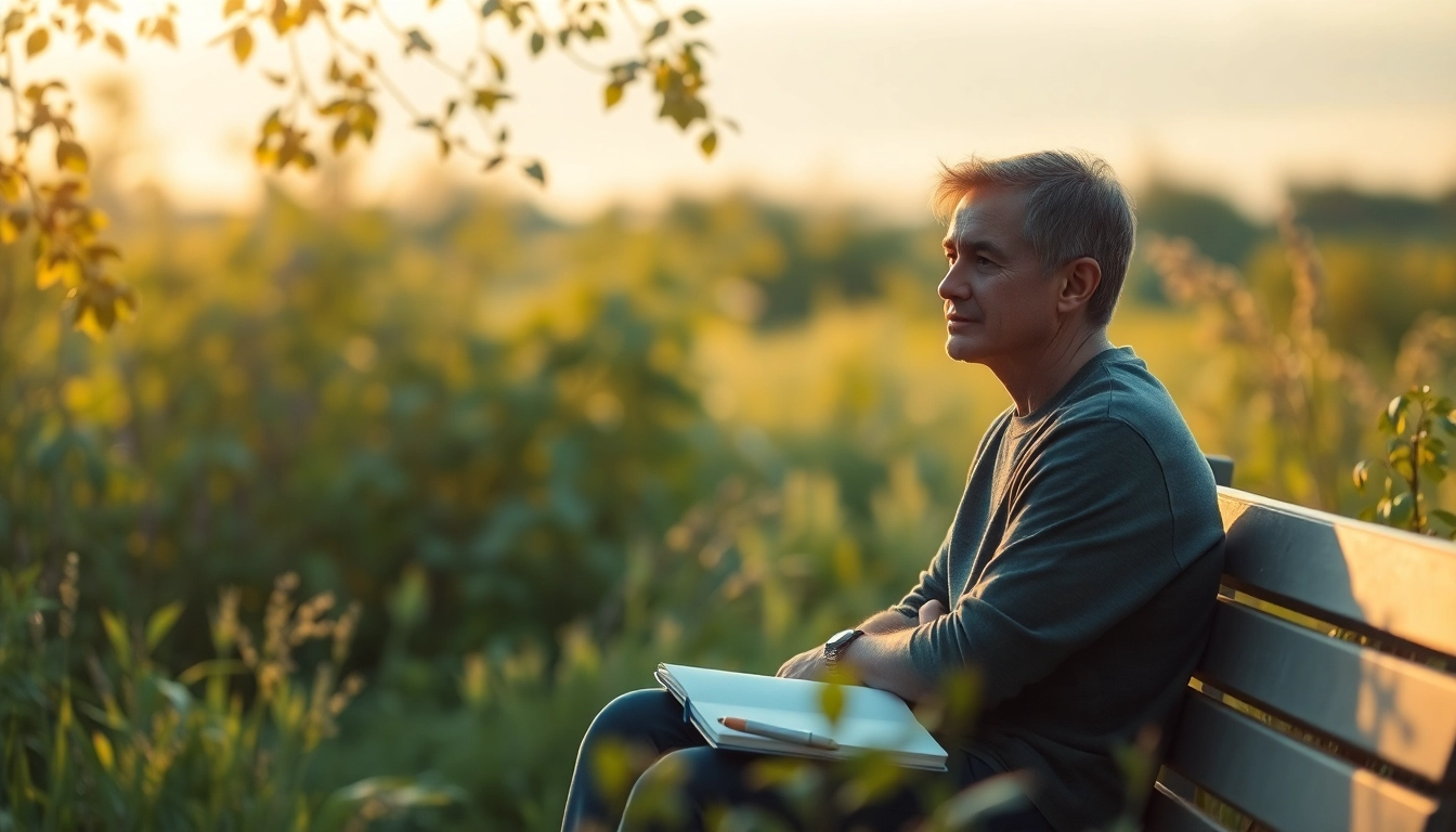 Reflective person dealing with grief in a serene outdoor environment, surrounded by nature.