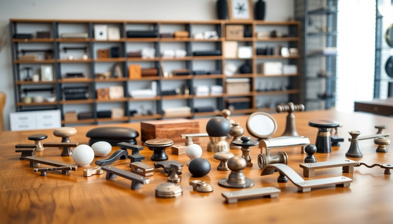 Showcase of furniture hardware manufacturers featuring stylish cabinet hardware in a sleek showroom.