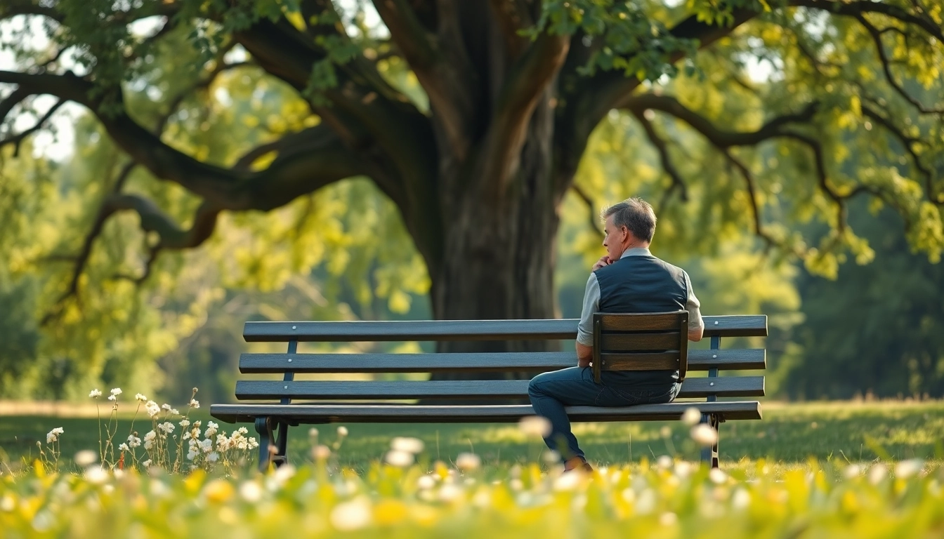 A person dealing with grief reflects on a photo while sitting in a peaceful park.