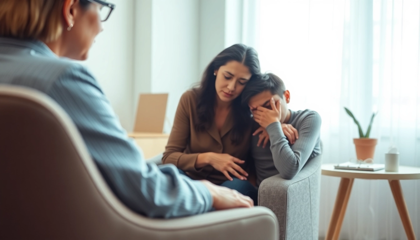 Supportive session of dealing with grief in a serene counseling environment.