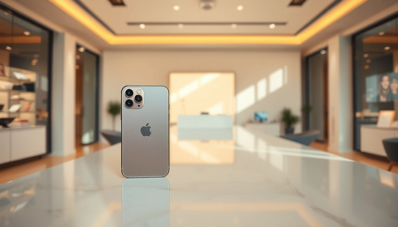Buy iPhone Pro with sleek design displayed in a chic store setting.