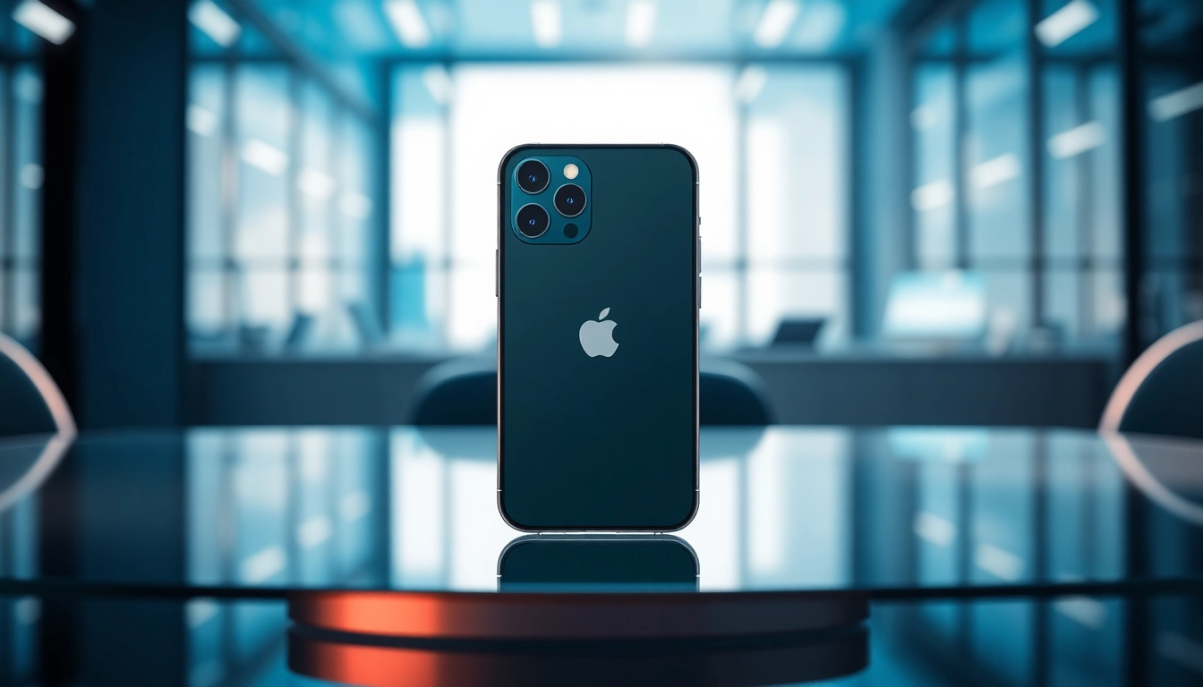 Buy iPhone Pro with a modern design prominently displayed on a glass table in a tech-savvy setting.