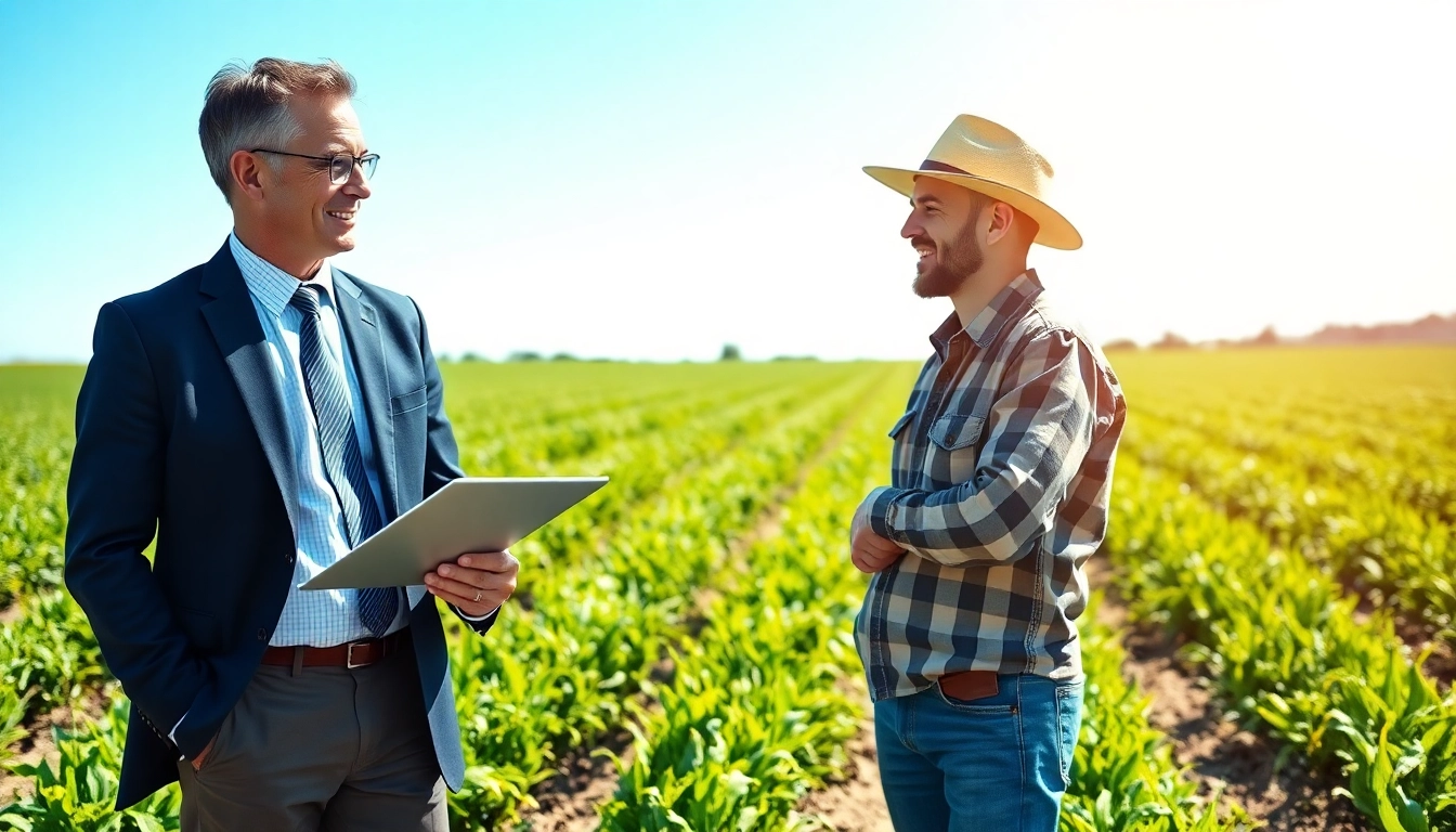 Consulting agriculture lawyer discussing land issues with a farmer in a sunny field.