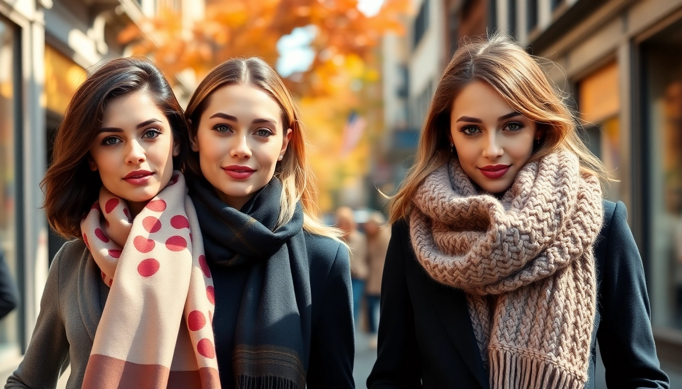 Showcasing stylish scarves for women worn by models in an urban setting.