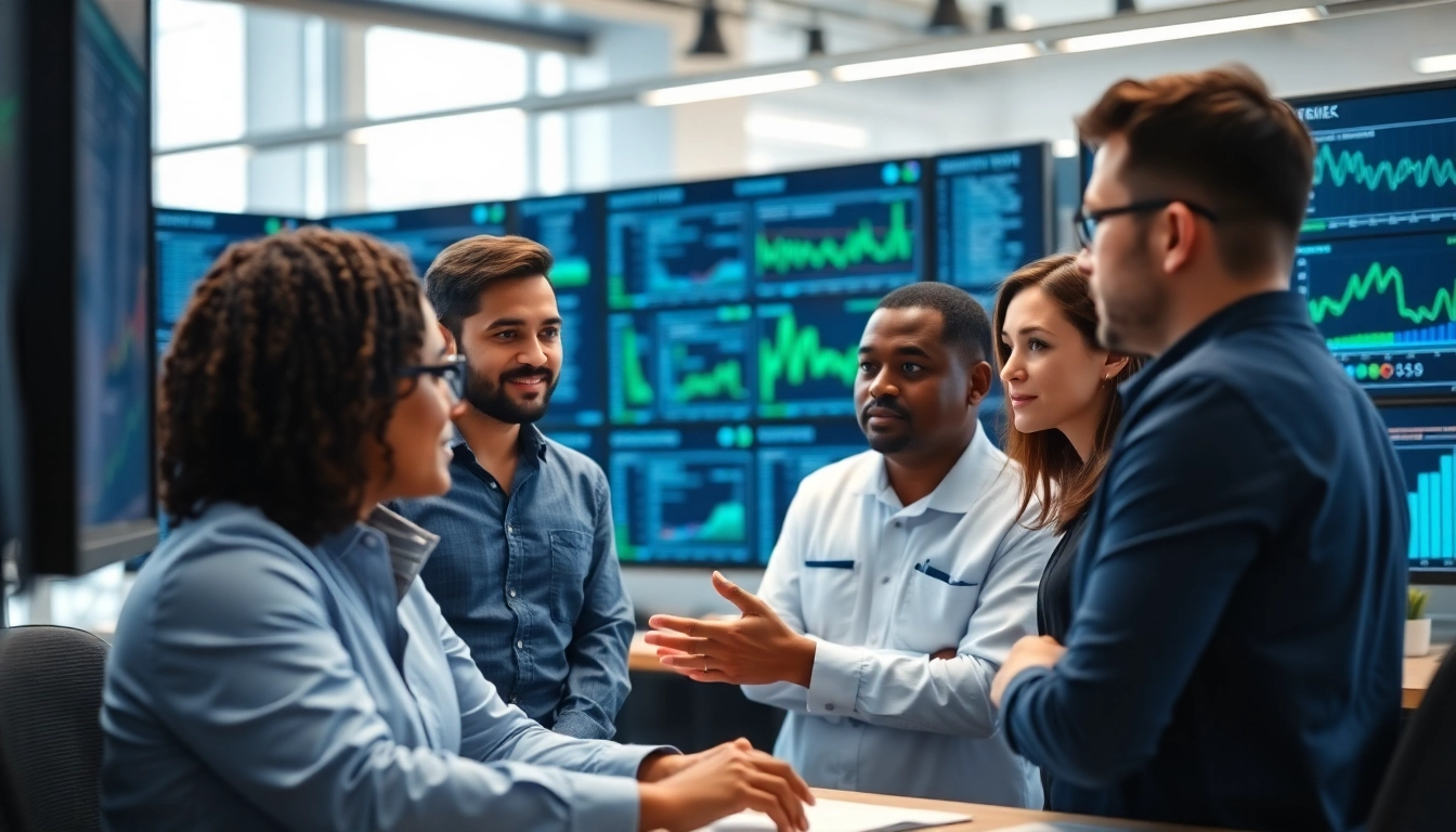 Site reliability engineering experts collaborating and analyzing data in a modern tech office.