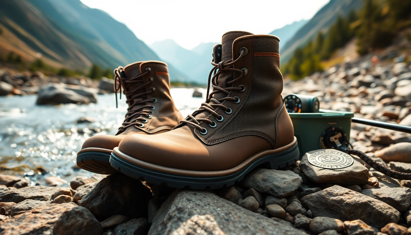 Discover quality fly fishing boots situated in a scenic river setting for outdoor enthusiasts.