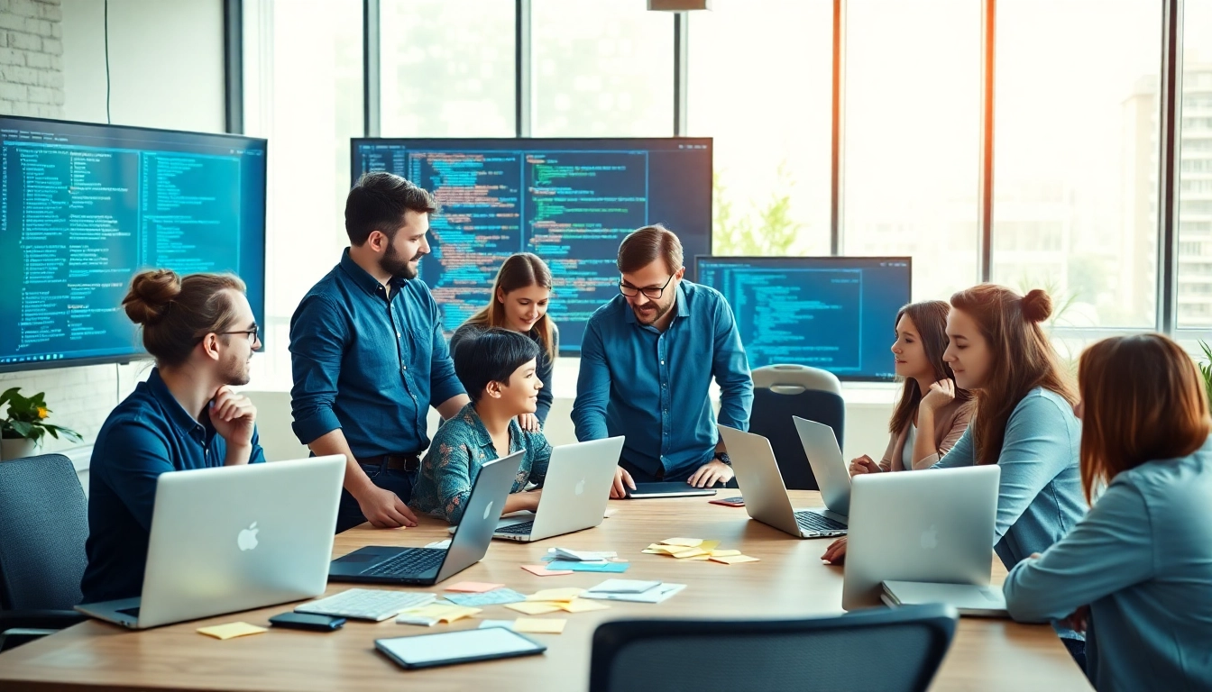 Developers collaborating in web development, showcasing teamwork and innovation.