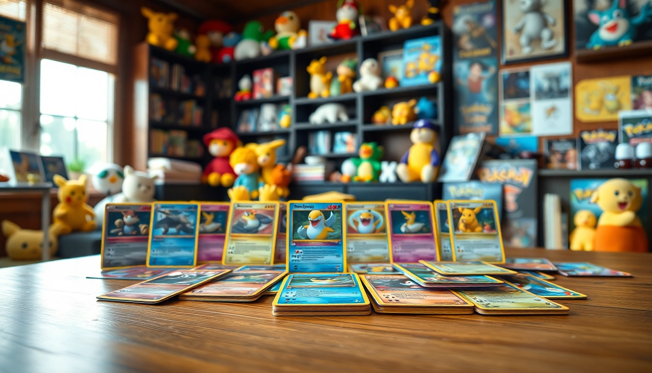 Showcase of vibrant real Pokémon cards arranged on a table, highlighting their intricate designs.