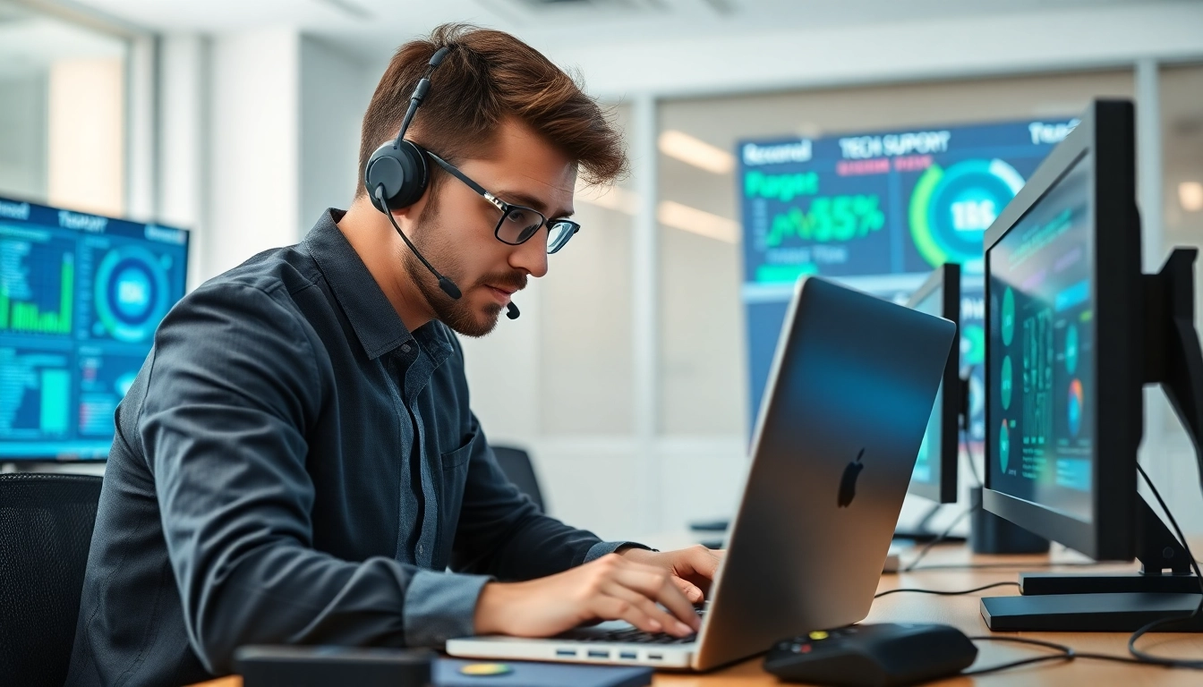 Providing expert computer support through troubleshooting and diagnostics in a modern office.