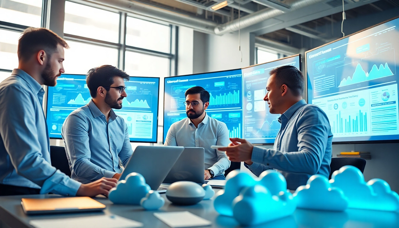 Optimize Cloud infrastructure and DevOps services with a professional team collaborating in a high-tech environment.