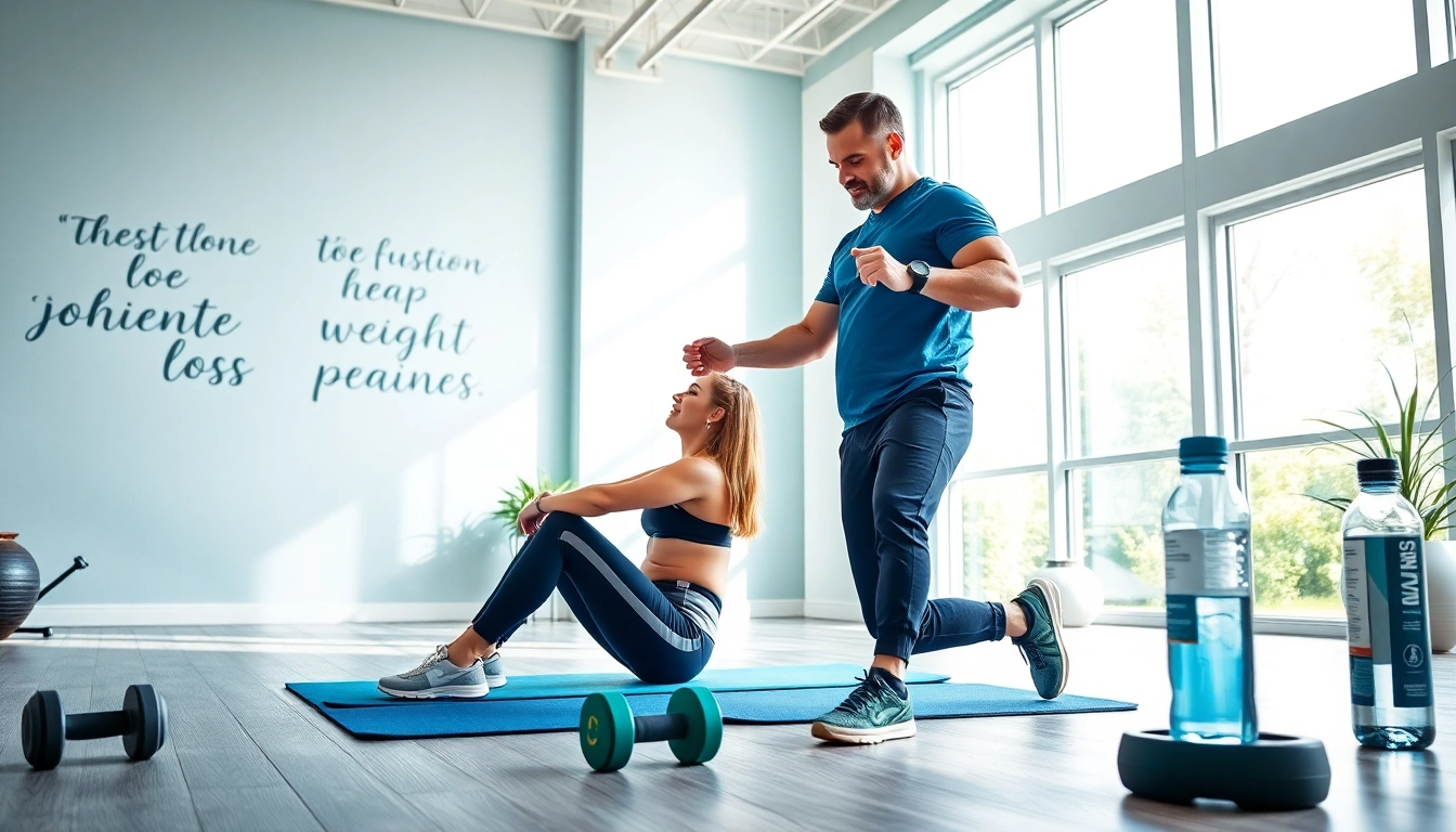 Engaging lose weight treatment session with fitness coach and client in bright wellness studio.