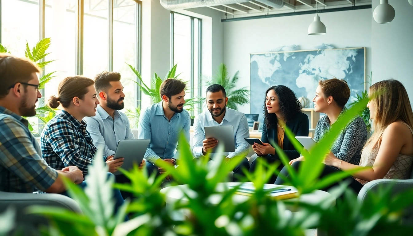 Team collaboration at a cannabis marketing agency improving branding strategies in a bright office.