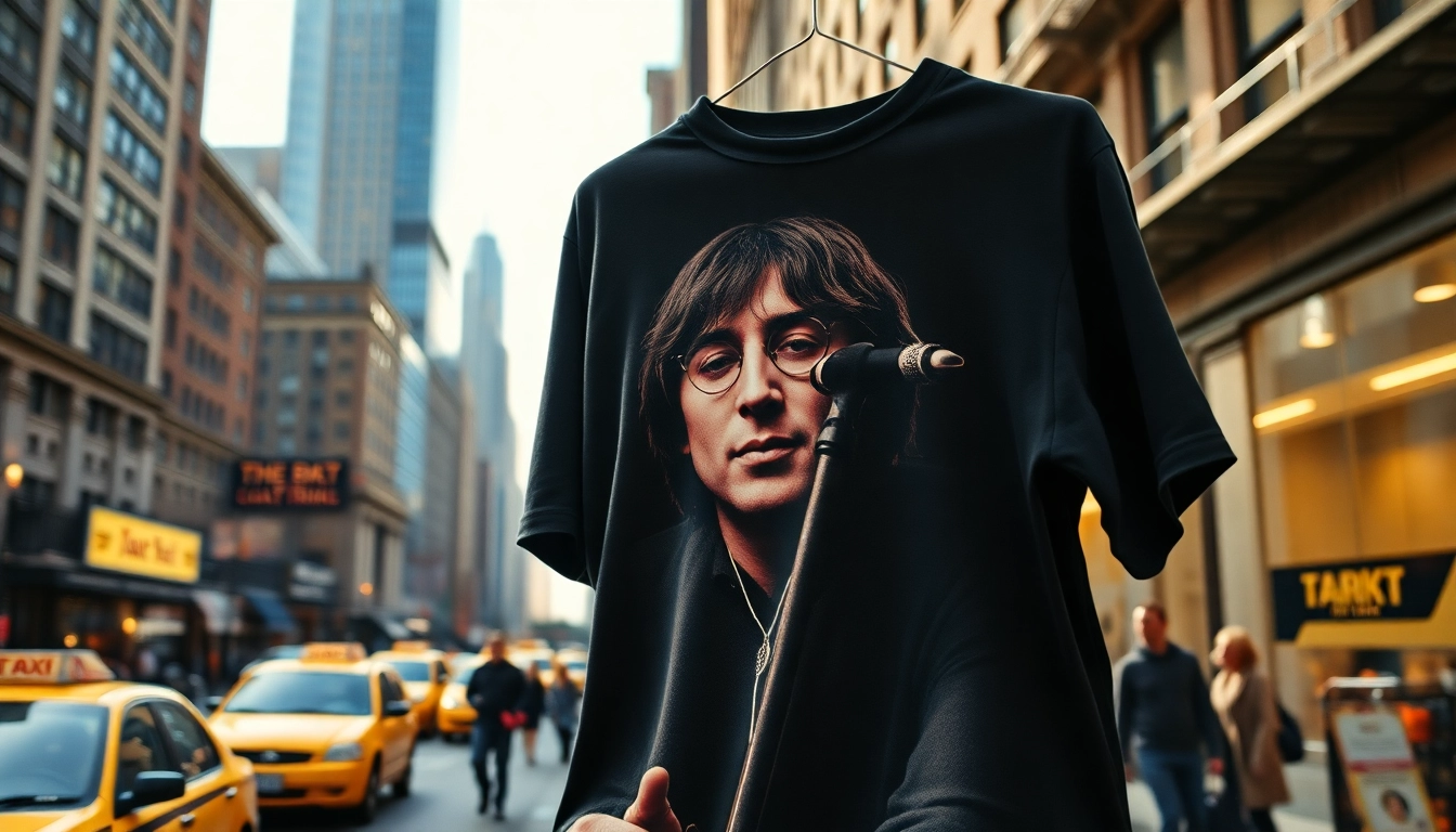 Showcasing a vintage john lennon new york shirt against a lively NYC backdrop