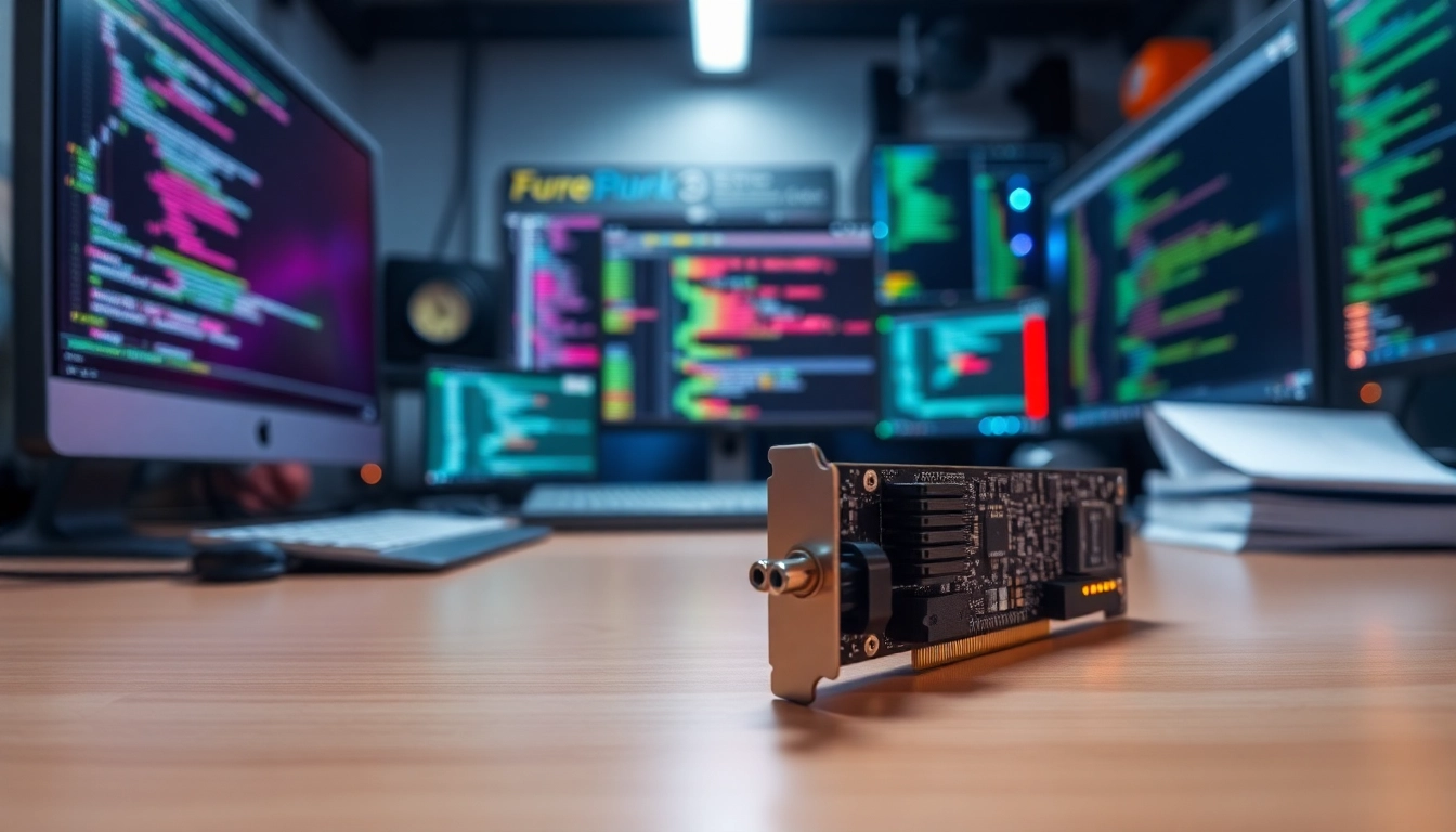 Showcasing advanced DMA firmware on a high-tech computer setup with a sleek DMA card prominently featured.